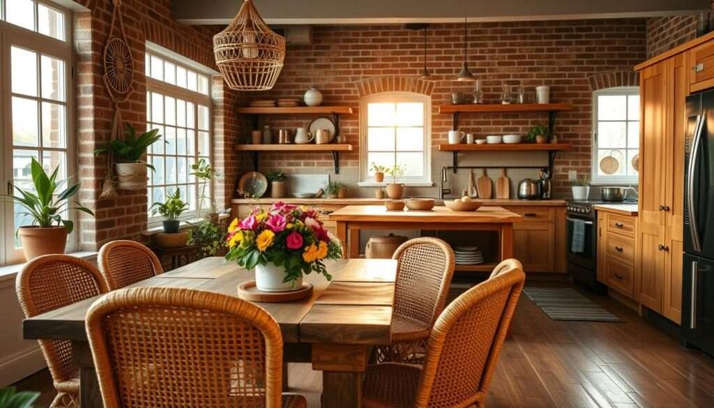 A cozy and inviting boho-inspired kitchen, bathed in warm afternoon light filtering through large windows. The foreground features a rustic wooden dining table adorned with a vibrant floral centerpiece, complemented by woven rattan chairs. Potted plants and hanging macrame wall decor add organic textures. In the middle ground, a farmhouse-style kitchen island with open shelving displays an eclectic mix of ceramic dishware, copper pots, and vintage glassware. The background showcases exposed brick walls, natural wood cabinets, and a vintage-inspired tile backsplash. The overall atmosphere is relaxed, earthy, and infused with bohemian charm.