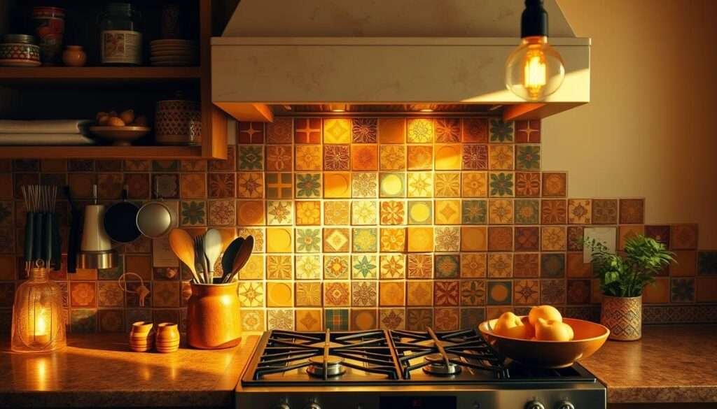 A cozy and inviting boho kitchen backsplash, featuring a vibrant mix of patterned tiles in earthy tones. The tiles, arranged in an eclectic, asymmetrical layout, create a visually stunning focal point. The backsplash is illuminated by warm, natural lighting that casts a soft, golden glow, emphasizing the texture and depth of the tiles. The overall scene exudes a relaxed, bohemian ambiance, complementing the rustic, vintage-inspired kitchen decor. The backsplash is the centerpiece, drawing the eye and setting the tone for a charming, budget-friendly boho kitchen.