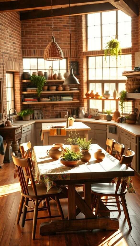 A cozy and inviting boho kitchen, bathed in warm, natural lighting streaming through large windows. In the foreground, a rustic wooden dining table is adorned with a vibrant, patterned tablecloth, complemented by mismatched vintage chairs. On the table, a collection of earthy ceramics, potted herbs, and a woven basket filled with fresh produce. The middle ground features a long, farmhouse-style kitchen island with a butcher block top, surrounded by pendant lights with woven shades. The background showcases exposed brick walls, open shelving displaying an eclectic mix of cookbooks, ceramic vases, and trailing plants. The overall atmosphere is relaxed, organic, and infused with a touch of bohemian charm.