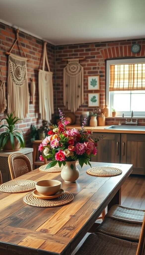 A cozy and inviting boho kitchen filled with warm, earthy tones and natural textures. The foreground features a rustic wooden table topped with a vibrant floral arrangement, ceramic dishes, and woven placemats. Midground showcases exposed brick walls adorned with macrame wall hangings and framed botanicals. The background depicts a large window letting in soft, diffused natural light, illuminating the space with a golden glow. The overall atmosphere is relaxed and welcoming, with a harmonious blend of bohemian patterns, materials, and hues that evoke a sense of comfort and laid-back sophistication.