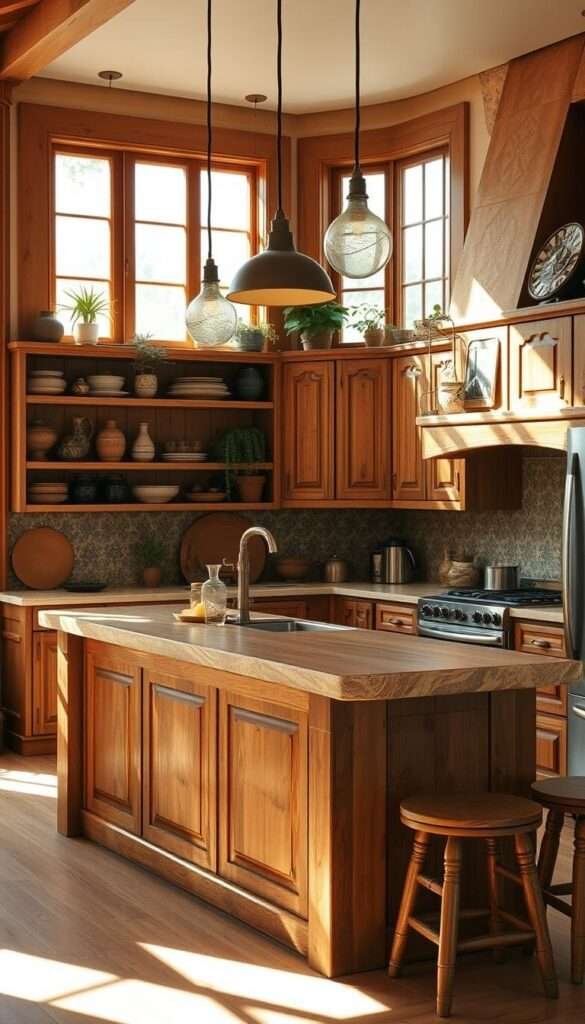 A cozy and inviting boho kitchen, flooded with warm natural light filtering through large windows. The foreground showcases a beautifully crafted wooden island with a rustic, weathered finish, topped with a sleek, natural stone countertop. Vintage-inspired pendant lights hang overhead, casting a soft glow. The middle ground features a mix of open shelving displaying an eclectic collection of earthenware, plants, and decorative accents in earthy tones. The background highlights warm-toned wood cabinets with intricate carved details, complemented by a backsplash of handcrafted tiles in muted hues of green, blue, and terracotta. The overall atmosphere is one of relaxed, bohemian charm, inviting the viewer to imagine the perfect backdrop for a cozy, culinary retreat.