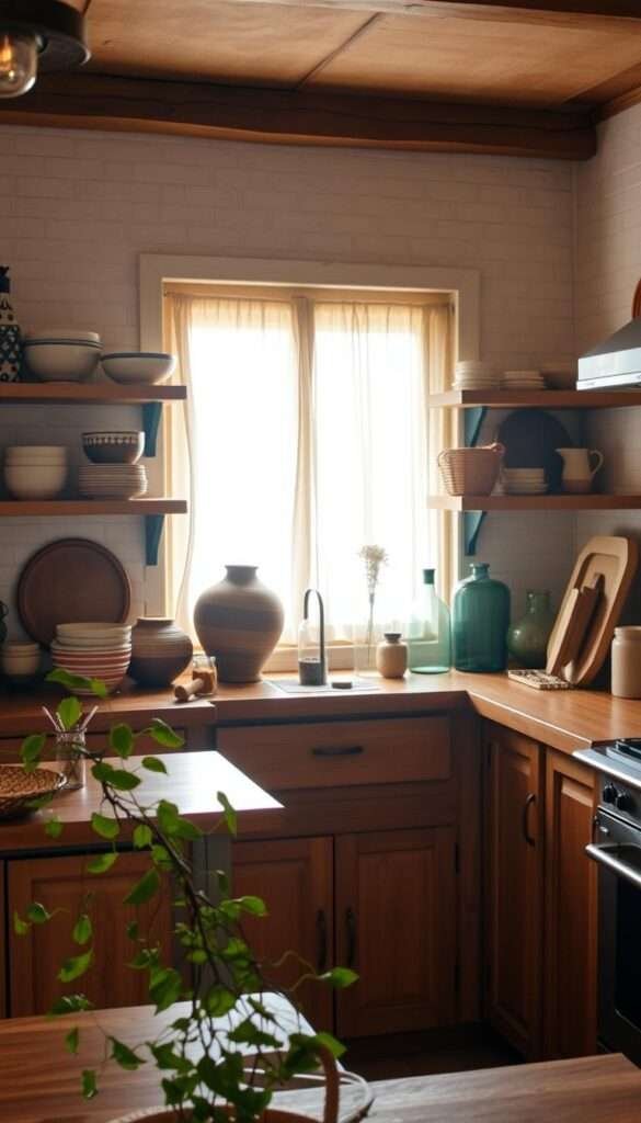 A cozy and inviting boho kitchen with rustic open shelving displaying an eclectic mix of ceramic bowls, glass vases, and woven baskets. Warm, diffused lighting casts a soft glow, highlighting the natural wood tones and textured walls. In the foreground, trailing plants and a few well-placed decorative items add a sense of effortless style. The middle ground features the open shelves, arranged with care and consideration. The background depicts a window with sheer curtains, allowing natural light to filter in and create a serene, atmospheric ambiance.