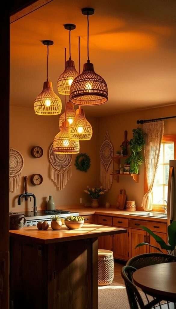 A cozy and inviting boho-style kitchen bathed in warm, ambient lighting. A cluster of rattan pendant lamps hang gracefully from the ceiling, casting a soft, golden glow that warms the earthy-toned walls and wooden cabinetry. Textured natural fibers, such as macrame wall hangings and a woven area rug, add layers of bohemian charm. Pops of greenery, perhaps a potted plant or two, lend a vibrant, organic touch. The overall atmosphere is one of relaxed sophistication, where the lighting creates a soothing, soul-nourishing ambiance perfect for leisurely meal preparations and intimate gatherings.