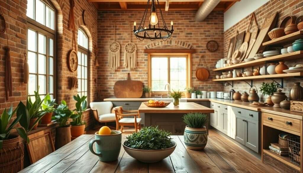 A cozy and inviting boho-style kitchen, bathed in warm, natural light streaming through large windows. The foreground features a rustic wooden table with colorful ceramic mugs, a bowl of fresh fruit, and an assortment of potted succulents and herbs. In the middle ground, a vintage-inspired chandelier casts a soft glow over the space, complemented by exposed brick walls adorned with macrame wall hangings and dreamcatchers. The background showcases a farmhouse-style kitchen island with open shelving displaying an eclectic mix of earthenware, antique copper pots, and woven baskets. The overall atmosphere exudes a laid-back, bohemian charm that invites you to linger and savor the moment.