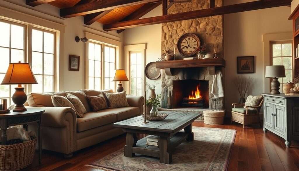 A cozy and inviting farmhouse living room, bathed in warm, natural light filtering through large windows. The room features a plush, overstuffed sofa with weathered wood accents, complemented by a rustic coffee table with a worn, distressed finish. A large, stone fireplace anchors the space, its crackling flames casting a gentle glow. Decorative elements like woven baskets, antique lamps, and soft, neutral-toned textiles create a harmonious, lived-in atmosphere. The hardwood floors are covered with a vintage, patterned rug, adding to the room's charming, timeless appeal. The overall scene conveys a sense of comfort, relaxation, and a connection to the pastoral, country-inspired aesthetic.