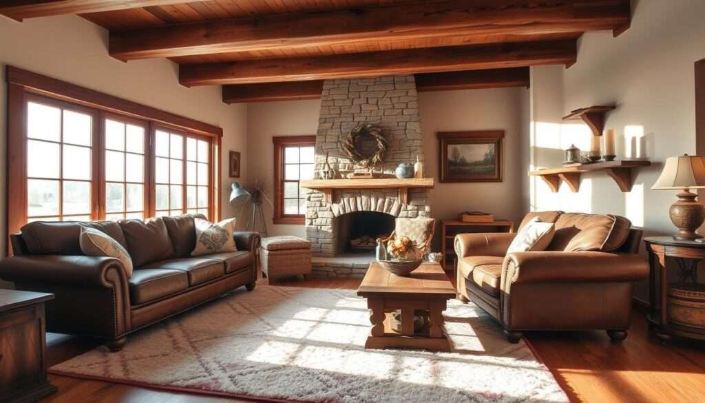A cozy and inviting farmhouse living room with warm, earthy tones. Soft sunlight streams through large windows, casting a gentle glow on the rustic wooden furniture and vintage decor. A plush area rug anchors the space, complemented by a distressed leather sofa and armchair. Decorative throw pillows in muted patterns add texture and warmth. In the corner, a stone fireplace crackles, its mantel adorned with natural elements like dried flowers and candles. Wooden beams overhead give the room a charming, cabin-like feel. The overall atmosphere is one of relaxation and comfort, embodying the essence of farmhouse living.