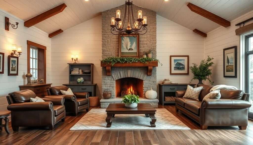 A cozy and inviting farmhouse-style living room with a focal point of a rustic stone fireplace surrounded by shiplap walls. The room is bathed in warm, soft lighting from a mix of vintage-inspired sconces and a statement chandelier overhead, creating a welcoming atmosphere. Plush leather armchairs and a deep, tufted sofa sit atop a distressed wood floor, complemented by rustic wood beams and a mantel adorned with fresh greenery. Framed farmhouse-inspired artwork and cozy textiles add the final touches to this charming and character-filled space.