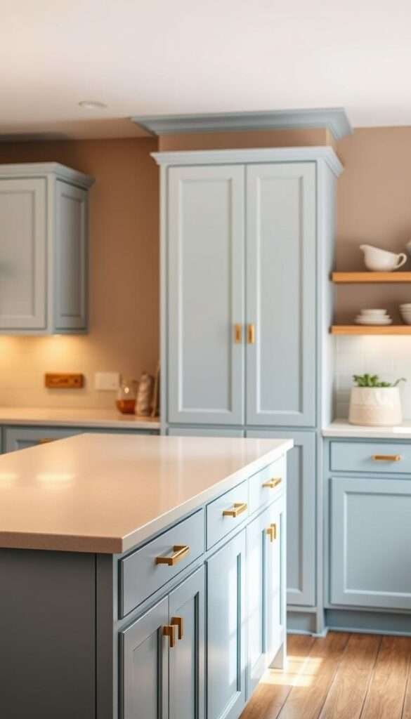 A cozy and inviting kitchen featuring lower cabinets in a soft, baby blue hue. The cabinets are adorned with sleek, brass pulls that glimmer under the warm, diffused lighting. The middle ground showcases the countertop, a smooth, neutral-toned surface that complements the bold cabinet color. In the background, the walls are painted in a soothing, muted tone, creating a harmonious and calming atmosphere. This image captures the essence of the "Bold Color Pops" trend, where vibrant hues are seamlessly integrated into a contemporary kitchen design.