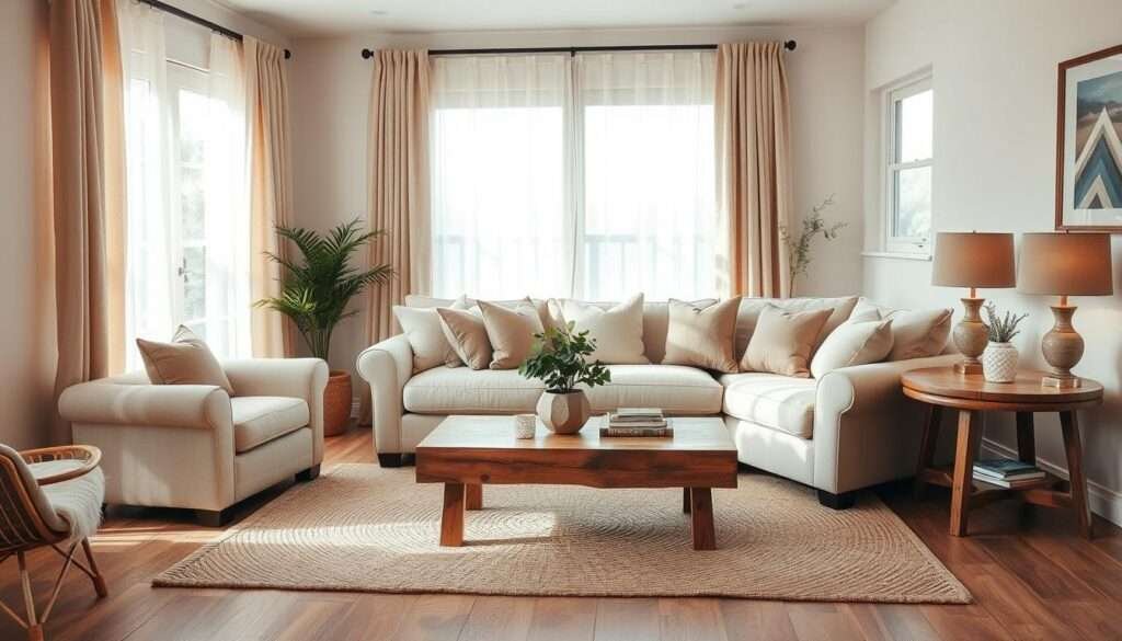 A cozy and inviting living room bathed in warm, earthy tones. The space features a plush beige sofa accented with pillows in soft, muted shades of taupe and ivory. A woven area rug in a neutral palette grounds the seating arrangement. Sheer curtains in a natural linen texture frame the windows, allowing ample natural light to fill the room. Wooden elements, such as a rustic coffee table and side tables, add depth and texture. Subtle touches of greenery, like a potted plant, infuse the space with a organic, soothing ambiance. Soft, diffused lighting from table lamps casts a gentle glow, creating an intimate and relaxing atmosphere.