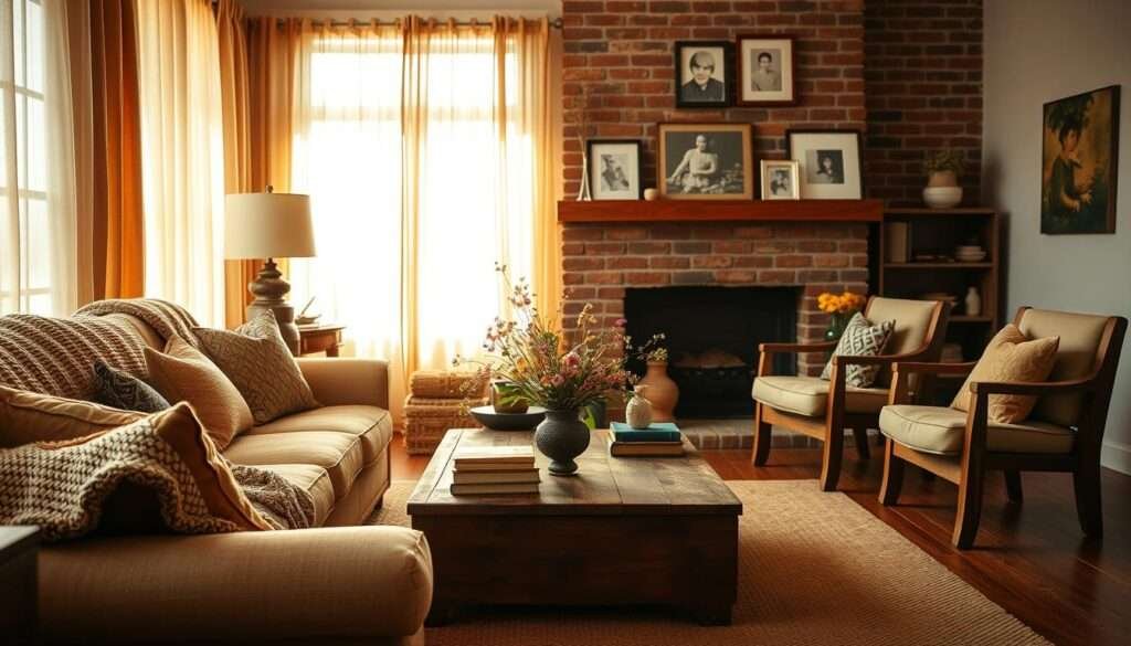 A cozy and inviting living room flooded with warm, diffused natural light filtering through sheer curtains. Prominent in the foreground, a plush, overstuffed sofa with a textured throw blanket and an assortment of decorative pillows in earthy tones. Flanking the sofa, a pair of vintage-inspired armchairs with exposed wood frames and soft, nubby upholstery. In the middle ground, a low, rustic wood coffee table adorned with a vase of fresh wildflowers and stacks of well-worn books. Behind, a brick fireplace with a mantel displaying framed art and personal mementos. The room exudes a sense of comfort and familiarity, drawing the viewer in with its inviting ambiance and harmonious blend of natural textures and warm lighting.