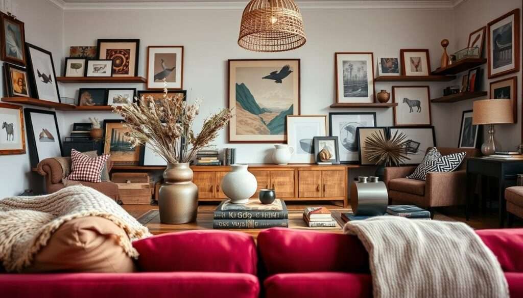 A cozy and inviting living room showcasing a well-curated collection of textured decor. In the foreground, a plush velvet sofa in a deep burgundy hue, accompanied by a hand-woven area rug in earthy tones. The middle ground features a low wooden coffee table, its surface adorned with a variety of textural elements - a ceramic vase filled with dried botanicals, a stack of artfully worn leather-bound books, and a sculptural candleholder in brushed metal. Along the walls, shelves display an assortment of framed artworks, their frames in a mix of rustic wood and sleek black. Overhead, a pendant light fixture with a woven rattan shade casts a warm, ambient glow, completing the layered, visually-interesting space.