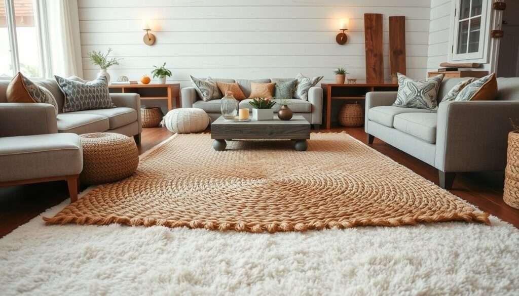 A cozy and inviting living room with a beautifully layered rug arrangement. In the foreground, a large, plush, cream-colored area rug anchors the space, its subtle pattern adding depth and texture. Atop it, a smaller, intricately braided rug in earthy tones creates a visually striking contrast, drawing the eye inward. In the middle ground, a mix of natural fiber poufs and a weathered wooden coffee table complement the rustic-chic aesthetic. Warm, diffused lighting from a pair of sconces illuminates the scene, casting a soft, inviting glow. The background features whitewashed shiplap walls, complemented by natural wood accents, creating a serene, farmhouse-inspired atmosphere.