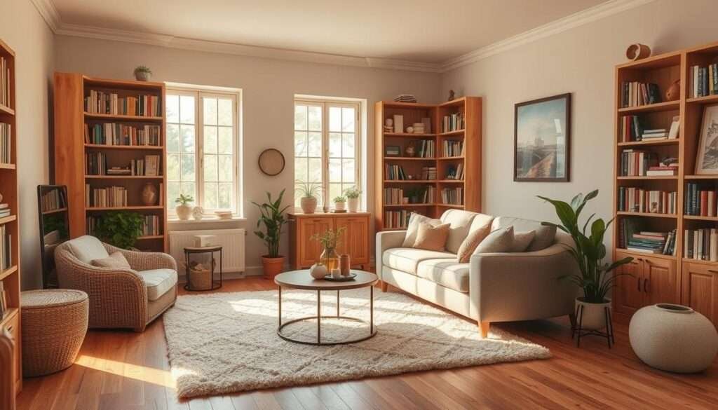 A cozy and inviting living room with a comfortable sofa and armchair in a neutral palette, accented by soft textiles and natural wood elements. The space is bathed in warm, diffused lighting from a large window, creating a serene and relaxing atmosphere. Bookshelves line the walls, filled with well-worn volumes and personal trinkets. A plush area rug anchors the room, inviting visitors to sink in and unwind. Subtle pops of greenery, such as potted plants, add a touch of life and vibrancy. The overall impression is of a harmonious, budget-friendly space that exudes coziness and functionality.