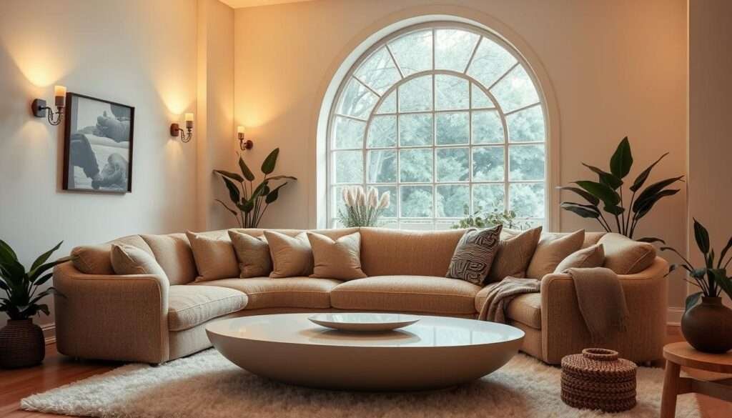 A cozy and inviting living room with a plush, curved sofa taking center stage. The sofa is upholstered in a rich, textured fabric, its soft lines complementing the room's airy, neutral palette. Warm lighting casts a gentle glow, creating a welcoming atmosphere. Decorative pillows and throws add layers of texture, while a large, arched window floods the space with natural light. Elegant sconces flank the window, echoing the curved silhouette of the sofa. A minimalist, oval-shaped coffee table grounds the arrangement, its smooth surface reflecting the room's soft, inviting ambiance. Lush, potted plants and a plush area rug complete the scene, transforming this living area into a serene and comfortable oasis.