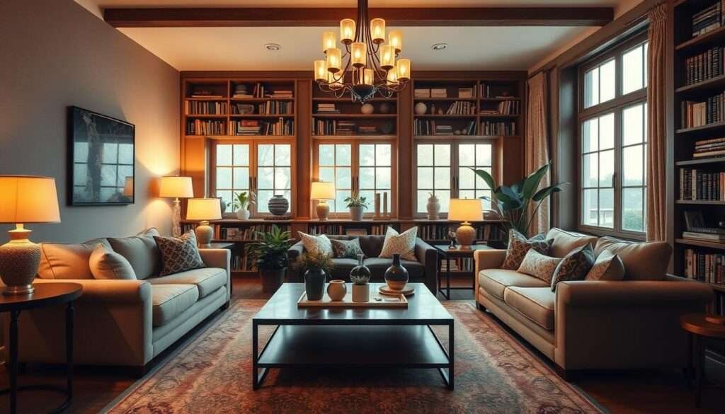 A cozy and inviting living room with a plush sectional sofa, overstuffed armchair, and a large coffee table in the foreground. Warm, ambient lighting from table lamps and a central chandelier casts a soft glow throughout the space. Bookshelves line the back wall, filled with a curated collection of books and decorative accents. Large windows allow natural light to filter in, illuminating the neutral color palette of beige, brown, and cream tones. Potted plants and textured throw pillows add pops of greenery and texture, creating a harmonious, visually inspiring atmosphere.