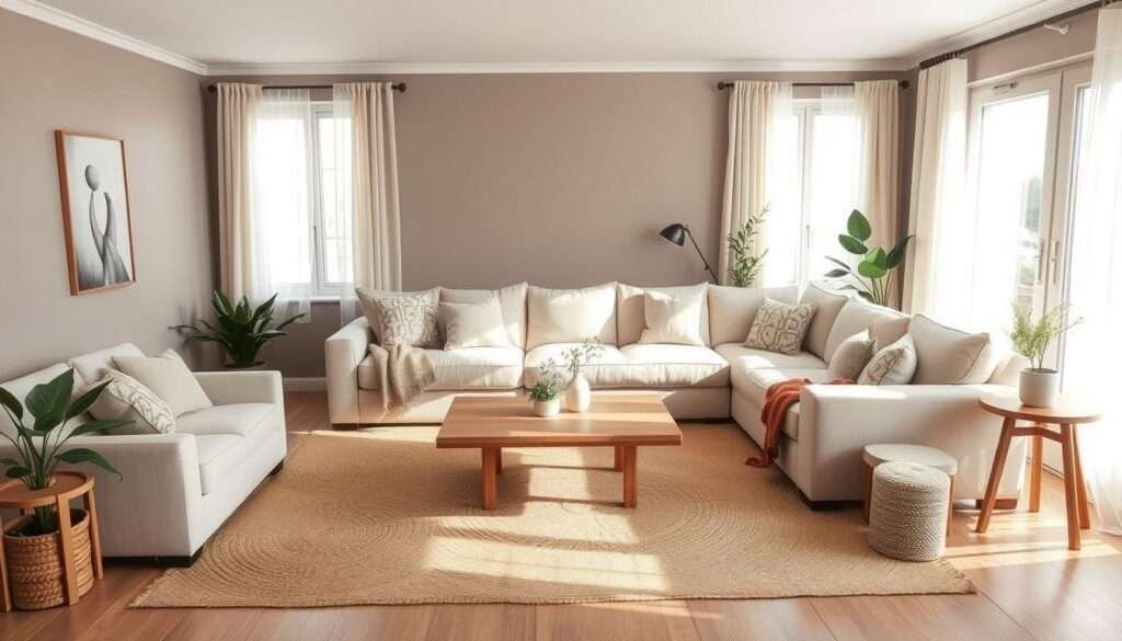 A cozy and inviting living room with a soothing neutral color palette. The room features a plush, beige sectional sofa with soft, textured throw pillows. A minimalist, wooden coffee table stands in the center, surrounded by natural jute rugs in earthy tones. The walls are painted in a warm, muted grey, complemented by delicate, ivory curtains that filter the soft, natural light streaming in through large windows. Potted plants and a simple, wooden side table add organic touches, creating a serene and harmonious atmosphere.