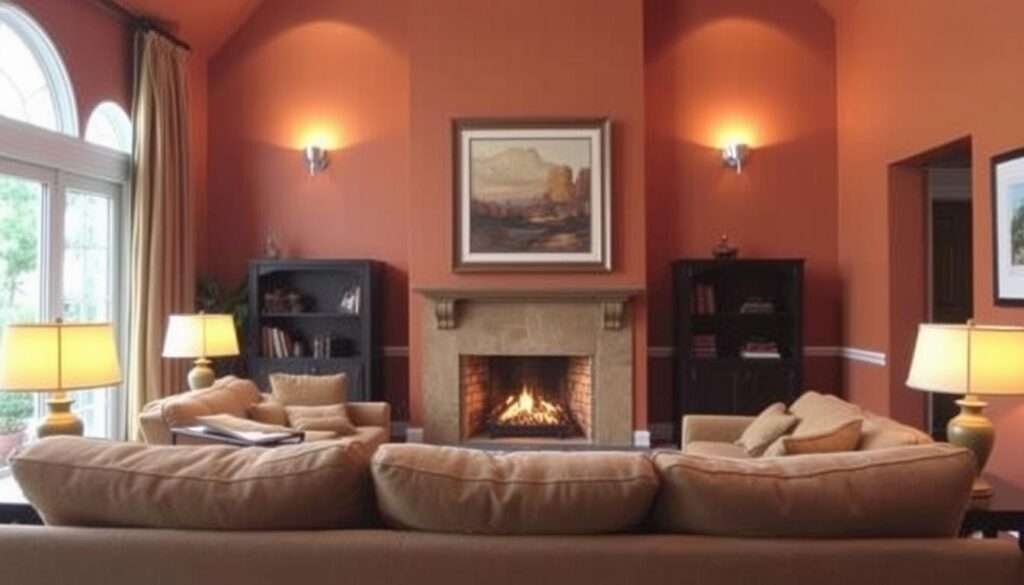 A cozy and inviting living room with a warm color palette. The walls are painted in a rich, earthy tone, subtly drawing the eye inward and creating a sense of intimacy. Plush, comfortable furniture in tones of beige and ochre fills the foreground, arranged in a welcoming layout. Soft lighting from a pair of table lamps casts a gentle glow, while a large, framed piece of artwork hangs above the fireplace, adding a touch of elegance. The overall atmosphere is one of relaxation and comfort, inviting the viewer to settle in and enjoy the space.