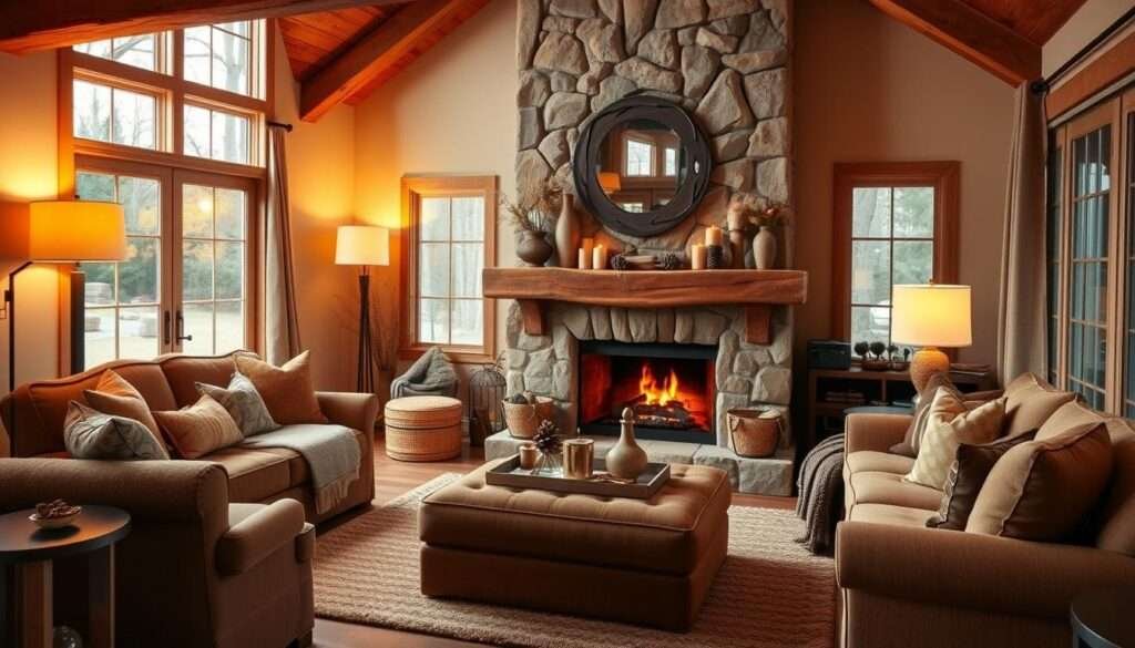 A cozy and inviting living room with a warm fireplace as the focal point. The space is decorated with plush, earthy-toned furnishings, including a comfortable sofa, armchair, and ottomans. Decorative pillows, throws, and a soft rug add layers of texture. On the mantelpiece, a collection of vases, candles, and natural elements like pinecones and dried flowers create a rustic, homely ambiance. The room is bathed in soft, diffused lighting from a combination of floor and table lamps, casting a gentle glow. Large windows allow natural light to pour in, highlighting the room's coziness. The overall atmosphere is one of relaxation and contentment, perfect for enjoying the fireplace's flickering flames.