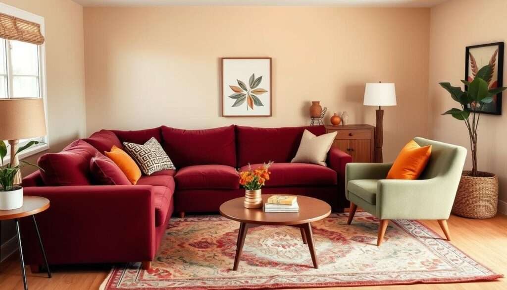 A cozy and inviting living room with a warm, harmonious 60-30-10 color scheme. The room features a plush, oversized sofa in a deep, rich burgundy hue, taking up the majority of the foreground. Complementing it, a pair of mid-century modern armchairs in a soft, muted olive green are arranged in a conversational setting. The walls are painted in a soothing, neutral beige tone, creating a serene backdrop. Tasteful accents in a vibrant, burnt orange shade, such as throw pillows and a patterned area rug, add pops of color and visual interest. The room is bathed in a soft, diffused lighting, creating a cozy and inviting atmosphere, perfect for relaxation and entertaining.