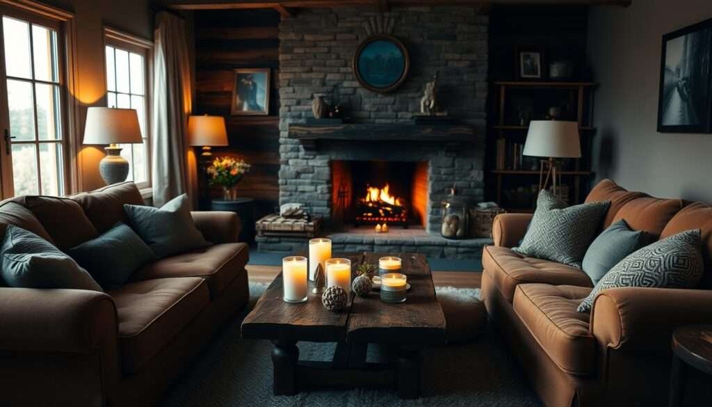 A cozy and inviting living room with a warm, welcoming ambiance. The space features a plush, oversized sofa in a rich, earthy tone, accentuated by soft, textured throw pillows. In the middle ground, a rustic wooden coffee table is adorned with a mix of candles and decorative items, casting a gentle, flickering glow. The background showcases a crackling fireplace, its flames dancing and casting a comforting, golden light throughout the room. Soft, indirect lighting from table lamps and floor lamps creates a cozy, intimate atmosphere, complemented by the glow of a single, large window that allows natural light to filter in. The overall scene exudes a sense of comfort, relaxation, and a desire to linger and unwind.