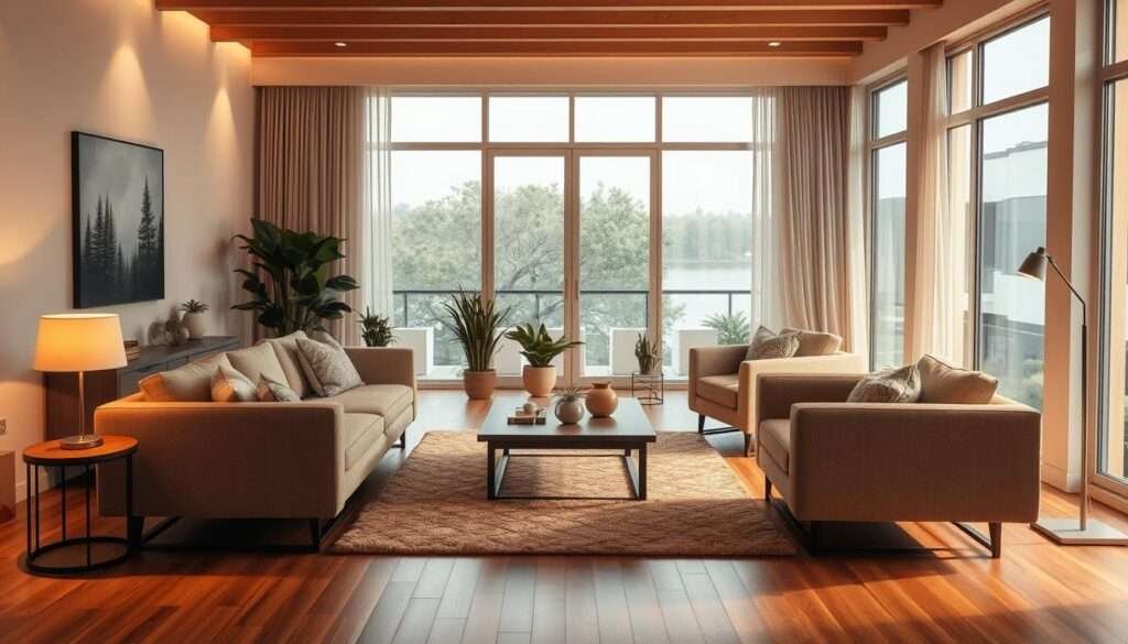 A cozy and inviting living room with comfortable, floating furniture arranged in a conversational layout. The room is bathed in warm, diffused lighting, creating a welcoming atmosphere. In the foreground, a plush sofa and armchairs are positioned to encourage face-to-face interaction, with a low coffee table in the center. In the middle ground, a beautiful area rug grounds the space, while potted plants and minimalist decor add natural touches. The background features large windows overlooking a tranquil outdoor scene, blending the indoors and outdoors. The overall design avoids the traditional wall-hugging furniture arrangement, instead embracing a more open and engaging layout.