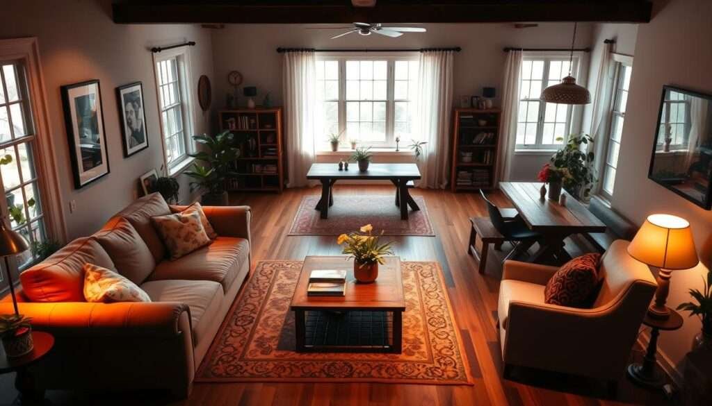 A cozy and inviting living room with distinct zones for different activities. In the foreground, a plush sectional sofa and armchair form a comfortable conversation area, illuminated by warm, soft lighting. In the middle, a coffee table and rug define the living space, while a wooden bookshelf and potted plants add natural elements. In the background, an open dining nook with a rustic wooden table and benches, complemented by a large window that floods the room with natural light, creating a harmonious and cohesive atmosphere.
