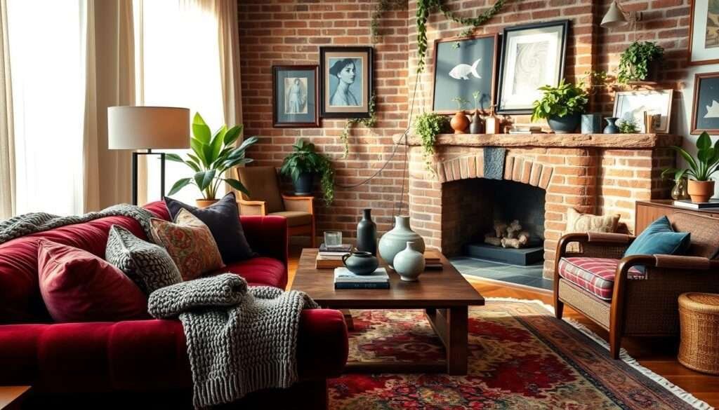 A cozy and inviting living room with eclectic layers of textures, patterns, and colors. In the foreground, a plush velvet sofa in a deep burgundy hue, accented with jewel-toned throw pillows and a chunky knit blanket. In the middle ground, a vintage rug with a bold, abstract design anchors the space, complemented by a wooden coffee table adorned with ceramic vases and books. The background features a brick fireplace with a mantel decorated with trailing plants and an assortment of framed artwork. Warm, diffused lighting filters through sheer curtains, casting a soft, inviting glow throughout the room. The overall atmosphere is one of maximalist comfort and relaxation.
