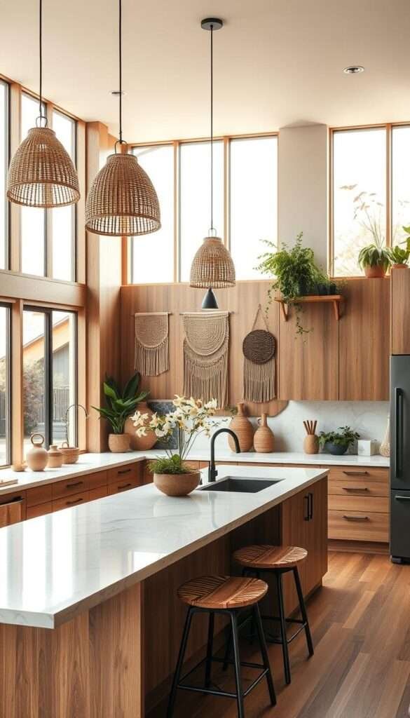 A cozy and inviting modern boho kitchen, with warm wood tones and natural textures throughout. The space features a large, central island with a sleek, marble-like countertop, surrounded by comfortable bar stools. In the background, tall windows let in abundant natural light, casting a soft, golden glow across the room. Hanging pendant lights with rattan shades add to the bohemian ambiance, while a mix of indoor plants and woven wall hangings add pops of greenery and organic charm. The kitchen cabinets feature a muted, earthy color palette, complemented by matte black hardware. The overall atmosphere is one of relaxed sophistication, blending modern minimalism with rustic, bohemian flair.