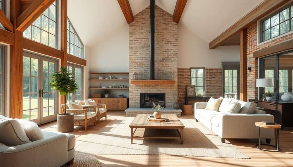 A cozy and inviting modern farmhouse interior, filled with warm natural light streaming through large windows. The living room features a neutral color palette with soft textures like woven rugs and plush throw pillows. Rustic wood beams and exposed brick accent the space, blending seamlessly with sleek, contemporary furnishings. A central fireplace with a minimalist mantel serves as the focal point, casting a gentle glow. The overall atmosphere is one of relaxed sophistication, where the old and new come together in perfect harmony.