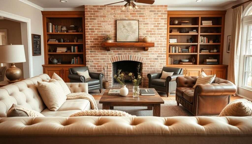 A cozy and inviting modern farmhouse living room with warm lighting, natural textures, and a neutral color palette. In the foreground, a plush, tufted sofa in beige linen with matching throw pillows and a chunky knit blanket. In the middle ground, a rustic wood coffee table with a simple vase of wildflowers, surrounded by a pair of distressed leather armchairs. In the background, a brick fireplace with a shiplap mantle, flanked by built-in bookshelves filled with vintage books and decorative accents. The room is bathed in soft, natural light from a large window, creating a serene and welcoming atmosphere.