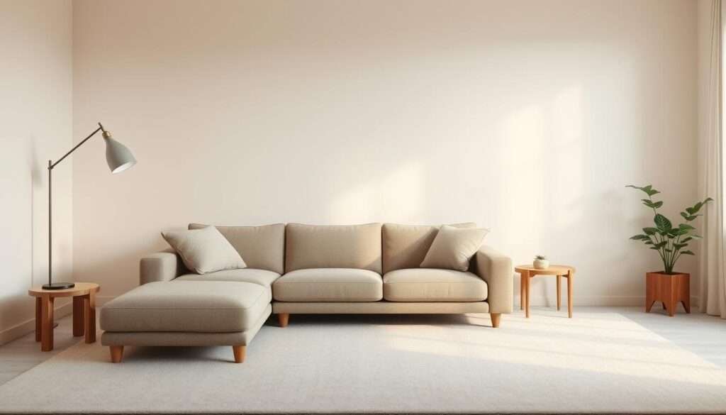 A cozy and inviting neutral-toned living room with a low-profile sectional sofa taking center stage. The sectional features clean lines and plush, textured upholstery in a soft, muted tone that complements the neutral walls. Soft lighting from a minimalist floor lamp casts a warm glow, creating a serene and relaxing ambiance. The room is accented with natural elements, such as a wooden end table and a potted plant, adding organic touches to the minimalist design. The overall scene conveys a sense of understated elegance and effortless sophistication, perfect for a modern, minimalist living space.