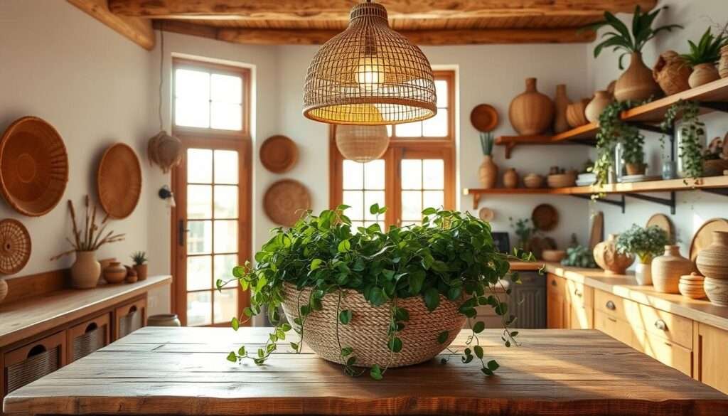 A cozy and inviting rattan-filled kitchen, bathed in warm golden light filtering through a large window. In the foreground, a rustic wooden table is adorned with a centerpiece of lush, trailing vines cascading from a woven rattan planter. Suspended overhead, a sleek rattan pendant light casts a soft, ambient glow. Along the walls, shelves showcasing an array of earthy, bohemian-inspired decor elements like woven baskets, ceramic vases, and trailing house plants. The overall atmosphere is one of natural, relaxed elegance - a harmonious blend of rustic and bohemian elements that create the perfect boho kitchen oasis.