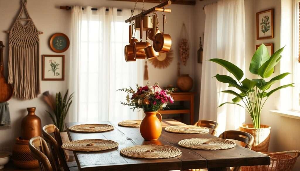 A cozy and inviting renter-friendly boho kitchen with a warm, natural aesthetic. Centered around a rustic wooden dining table adorned with woven placemats and a terracotta vase of fresh flowers. Copper pots and pans hang from a suspended rack, casting a gentle glow. The walls are adorned with macrame wall hangings and botanical prints in ornate gold frames. A large, leafy potted plant sits on the windowsill, illuminated by soft, natural light filtering through sheer curtains. The overall atmosphere is one of relaxed, lived-in charm, blending eclectic vintage and earthy modern elements.