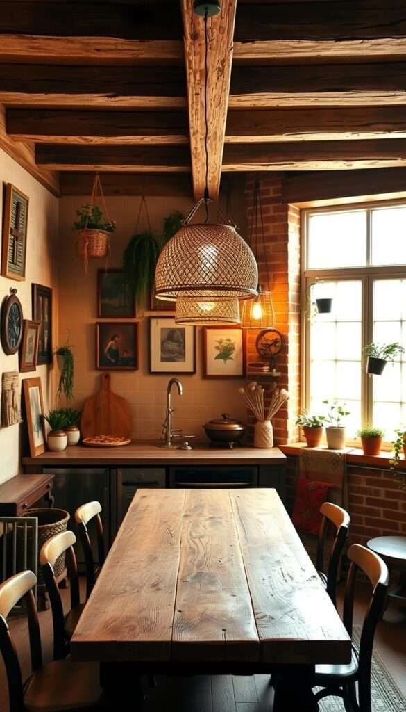 A cozy and inviting rustic boho kitchen, with natural wood tones and earthy textures creating a warm, lived-in atmosphere. A farmhouse-style table sits at the center, its rough-hewn surface complemented by rattan pendant lights overhead, casting a soft, ambient glow. The walls are adorned with a mix of vintage-inspired art and hanging plants, adding pops of greenery and a touch of bohemian flair. In the corner, a large, bright window allows natural light to flood the space, highlighting the weathered wood beams and exposed brick accents that lend an authentic, rustic charm. The overall vibe is one of relaxed comfort, a space that invites lingering and embraces the imperfections that make a house a true home.