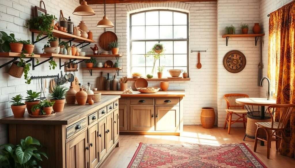 A cozy and inviting small boho kitchen, bathed in warm, earthy tones. The foreground features a vintage-inspired wooden kitchen island, adorned with clay pots, lush greenery, and natural fiber baskets. The middle ground showcases rustic open shelves displaying an eclectic mix of ceramics, textiles, and antique brass accents. In the background, a whitewashed brick wall provides a textural backdrop, complemented by a large window that floods the space with soft, diffused natural light. Vibrant pops of color, such as a colorful patterned rug and cheerful curtains, add a lively touch to the otherwise muted palette. The overall atmosphere is one of relaxed, bohemian elegance, perfect for a space-savvy, yet stylish small kitchen design.