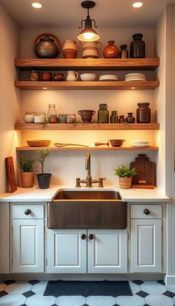 A cozy and inviting small kitchen bathed in warm lighting, featuring a stunning bronze farmhouse sink as the centerpiece. The sink is surrounded by open wooden shelves displaying an array of rustic pottery and glass jars. Creamy white walls provide a clean backdrop, accentuating the natural textures of the wood and metal. Subtle hints of greenery from potted plants add a touch of life, while the overall scene conveys a sense of effortless charm and timeless farmhouse elegance. A wide-angle lens captures the entire space, allowing the viewer to fully immerse themselves in this dream small kitchen oasis.