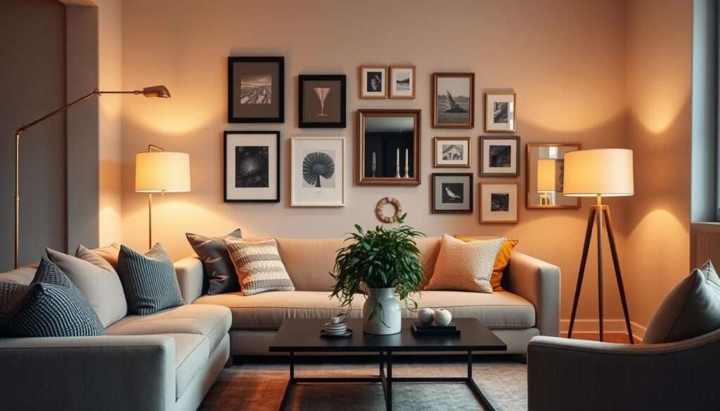 A cozy and inviting small living room, bathed in warm, soft lighting from a pair of minimalist floor lamps. In the foreground, a plush, velvety sofa adorned with a mix of patterned and solid throw pillows, creating a welcoming and comfortable seating area. On the opposite wall, a curated gallery of framed artwork and mirrors, artfully arranged to add visual interest and depth. In the center, a sleek, low-profile coffee table, topped with a lush, trailing house plant and a few carefully selected décor pieces. The walls are painted in a soothing, neutral tone, allowing the carefully curated elements to take center stage. The overall atmosphere is one of relaxation and refined, balanced style.