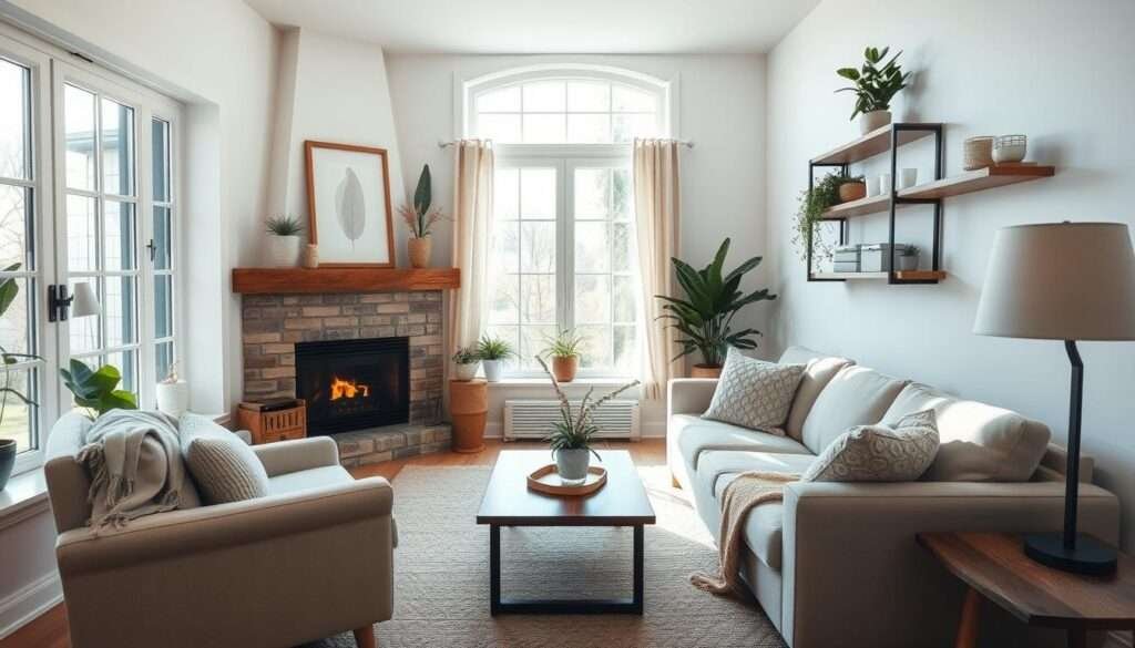 A cozy and inviting small living room filled with natural light streaming through large windows. The space is tastefully decorated with plush, neutral-toned furnishings - a comfortable sofa, an armchair, and a coffee table arranged around a warm fireplace. Shelves on the walls display decorative accents and houseplants, adding pops of greenery. The room has a calming, harmonious atmosphere, with soft textiles, muted colors, and a sense of intimacy. The overall layout feels open and airy, creating an illusion of a larger space. Shot with a wide-angle lens to capture the room's proportions, the image conveys a welcoming and charming ambiance.