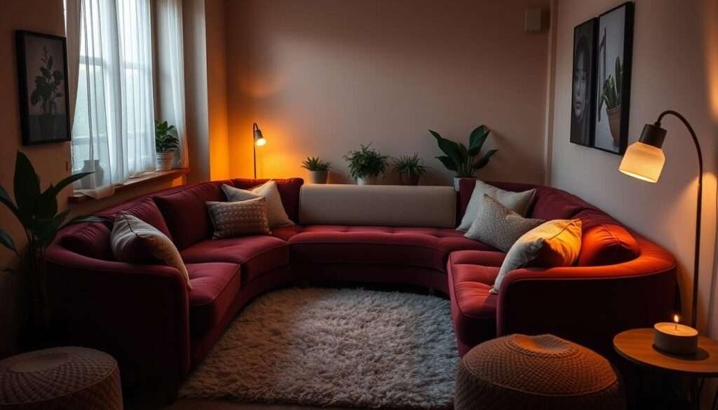 A cozy and inviting small living room with a curvy, low-profile sectional sofa hugging the corners, creating an intimate seating arrangement. The sofa has plush, velvet upholstery in a rich, jewel-toned color that complements the warm, earthy tones of the room. Soft, indirect lighting casts a gentle glow, setting a relaxing, moody atmosphere. A slim, minimalist daybed or loveseat is placed perpendicular to the sofa, adding extra seating without crowding the space. The room is decorated with textured throw pillows, a fluffy rug, and a few potted plants, creating a comfortable, lived-in feel.