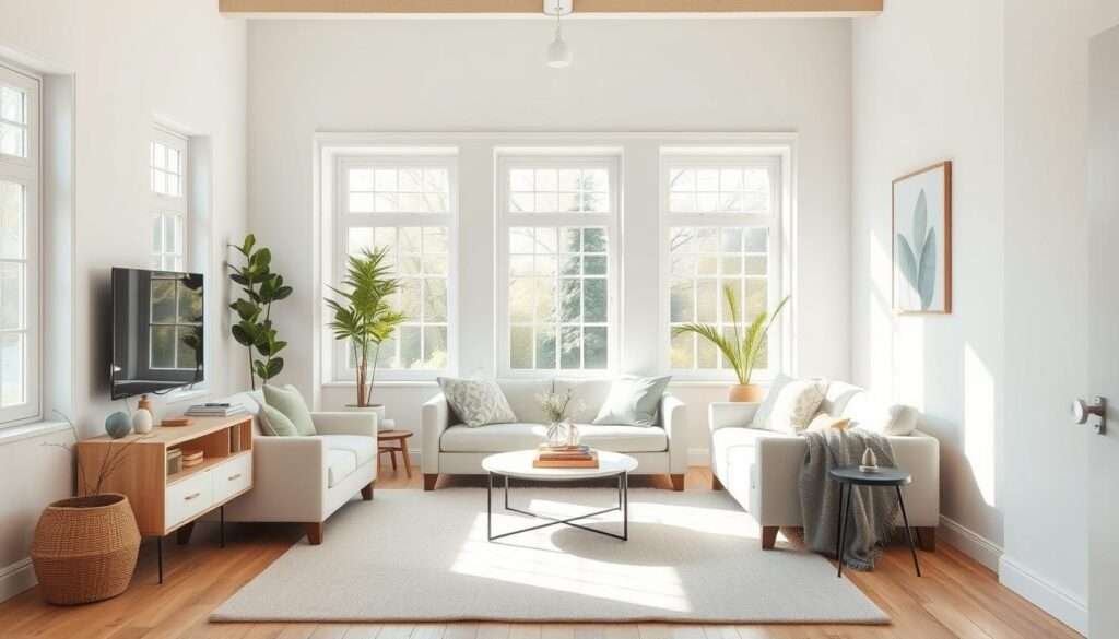 A cozy and inviting small living room with a light, airy color palette that creates an expansive, warm atmosphere. The space features soft white walls, clean-lined off-white furniture, and natural wood accents. Sunlight streams through large windows, casting a gentle glow on the room. A plush, neutral-toned area rug grounds the space, while pops of sage green in potted plants and textiles add a soothing, nature-inspired touch. The layout is minimalist yet functional, with a low-profile sofa and armchair arrangement that maximizes the room's footprint. The overall aesthetic is calming, comfortable, and visually expanding, reflecting the section's theme of "Light, airy palettes that expand space while staying warm".