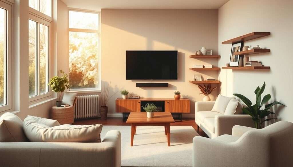 A cozy and inviting small living room with a minimalist yet stylish TV setup. Warm, natural lighting filters in through large windows, casting a soft glow on the clean-lined, neutral-toned furniture. A sleek, wall-mounted TV is the focal point, flanked by floating shelves displaying tasteful decor. Plush, neutral-colored seating, including a loveseat and accent chair, creates an intimate conversation area. A low, wooden coffee table and small, potted plants add organic elements, while a neutral-toned area rug ties the space together. The overall atmosphere is one of effortless, Scandi-inspired style, providing a serene and relaxing setting for enjoying media.