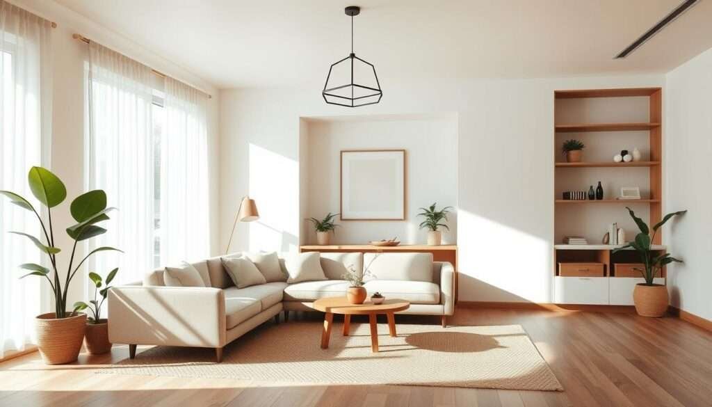 A cozy and minimalist Japanese-inspired living room with Japandi influences. Soft, diffused natural light streams through large windows, casting a warm glow on the space. In the foreground, a modern, low-profile sofa upholstered in neutral tones sits atop a woven area rug. Accent pieces like a wooden coffee table, potted plants, and a simple, geometric light fixture add to the serene, harmonious atmosphere. The middle ground features built-in shelving displaying carefully curated decor, while the background showcases a clean, white wall with a single, framed piece of art. The overall mood is one of tranquility, balance, and understated elegance.