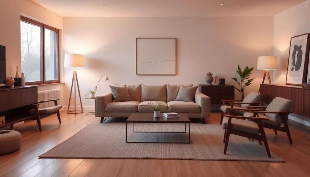 A cozy and minimalist living room with a cohesive design theme. The room features clean lines, neutral tones, and natural materials like wood and textured fabrics. A modern, low-profile sofa takes center stage, complemented by a sleek coffee table and a pair of mid-century-inspired armchairs. Soft lighting from floor lamps and a large window create a warm, inviting ambiance. The walls are adorned with simple, abstract artwork that ties the whole space together. The overall impression is one of simplicity, elegance, and a harmonious balance of form and function.