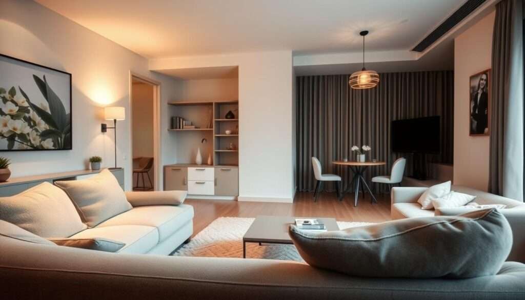A cozy and minimalist living room with distinct functional zones. In the foreground, a plush seating area with a low, modern coffee table, surrounded by warm, soft lighting. In the middle ground, a compact home office nook with a sleek, minimalist desk and shelving. In the background, a dining space with a small, round table and two chairs, illuminated by a delicate pendant light. The overall atmosphere is calm, inviting, and harmonious, with neutral tones, clean lines, and subtle textures creating a sense of balance and flow.