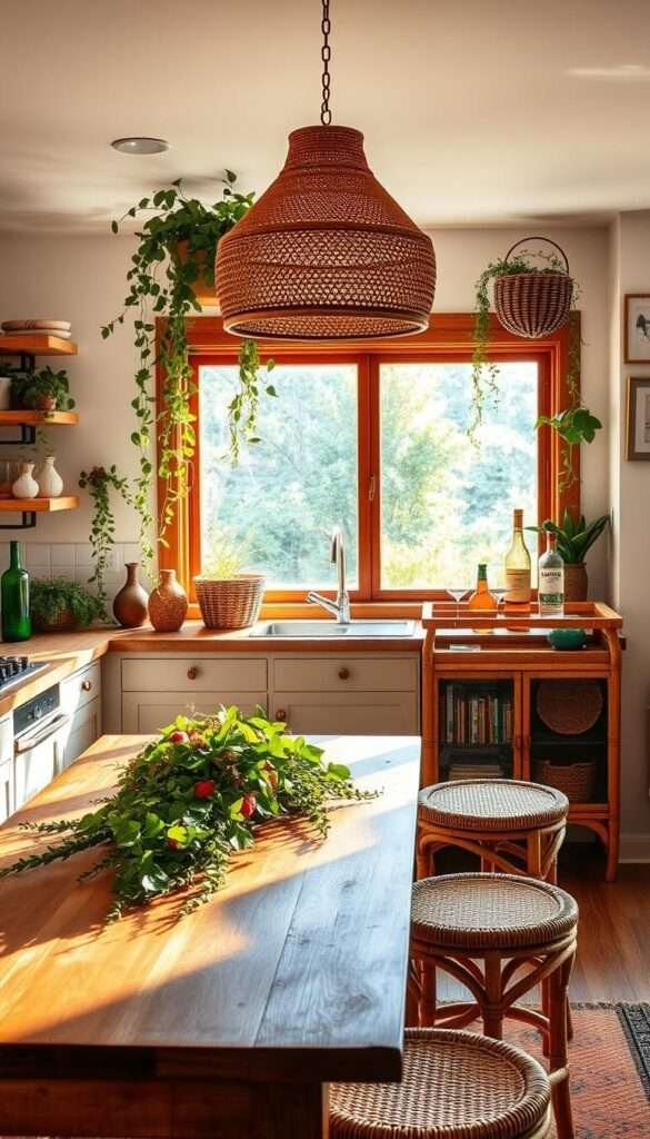 A cozy and vibrant boho-inspired kitchen, bathed in warm natural light. In the foreground, a rattan pendant light casts a soft glow over a wooden dining table adorned with a lush, earthy centerpiece. Trailing vines and greenery cascade from floating shelves, complementing the woven textures of rattan stools and a statement-making rattan bar cart. In the middle ground, a large window frames a verdant outdoor view, blurring the line between indoors and out. The overall atmosphere is one of rustic charm and organic, nature-inspired elegance.