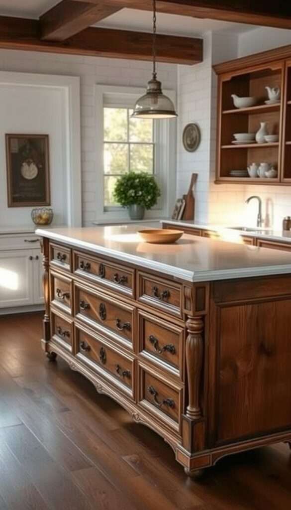 A cozy and well-lit kitchen space, featuring a vintage dresser beautifully repurposed as a rustic kitchen island. The dresser's ornate wooden frame and drawers are contrasted by a sleek white marble countertop, creating an elegant and timeless aesthetic. Soft, diffused lighting casts a warm glow, accentuating the natural wood tones and the subtle imperfections that give the piece its charming, lived-in character. The island is positioned in the center of the room, surrounded by white subway tile walls and wooden shelving units, creating a harmonious, inviting atmosphere that celebrates the beauty of a carefully curated, one-of-a-kind kitchen design.