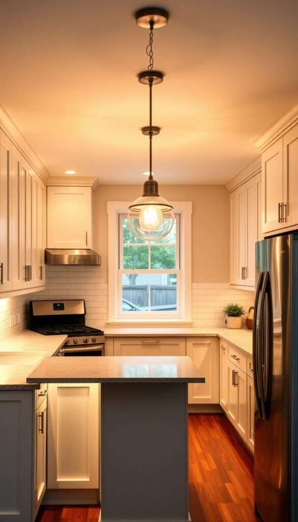 A cozy and well-lit small kitchen, the countertops illuminated by a row of warm under-cabinet LED lights casting a soft glow. Centered above the island, two elegant brushed-nickel pendant lights with globe-shaped shades hang down, their light reflecting off the stainless steel appliances. The hardwood floors and white subway tile backsplash create a clean, contemporary aesthetic, while a large window floods the space with natural daylight. The room exudes a sense of efficiency and functionality, the lighting seamlessly blending form and function to make the compact kitchen feel open and inviting.