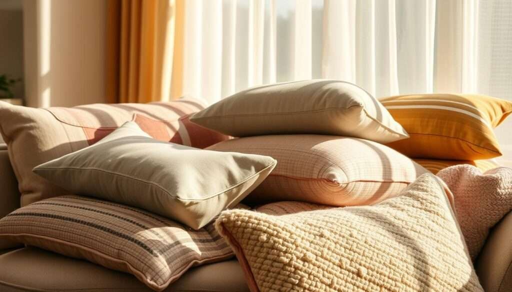 A cozy arrangement of soft, plush throw pillows in a variety of textured fabrics and patterns. The pillows are neatly stacked and arranged on a comfortable, inviting sofa or armchair, bathed in warm, natural light filtering through sheer curtains. The pillows feature a mix of solid colors, stripes, and subtle geometric designs, creating a visually stimulating yet harmonious composition. The lighting casts gentle shadows, adding depth and dimension to the pillows. The overall scene evokes a sense of relaxation, comfort, and a welcoming, lived-in atmosphere perfect for a cozy living room.