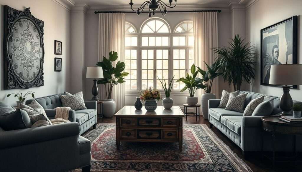 A cozy black and white living room with a warm, inviting atmosphere. Soft, diffused lighting fills the space, creating a gentle, nostalgic ambiance. Plush, tufted seating in shades of gray and ivory, complemented by richly textured area rugs and throw pillows. Ornate, high-contrast artwork adorns the walls, casting dramatic shadows. A vintage, distressed wooden coffee table anchors the center, surrounded by mid-century modern side tables and lamps. Tall, lush houseplants in ceramic pots add pops of greenery, while a large, mullioned window allows natural light to filter in, casting a soft, golden glow. The overall impression is one of timeless elegance and relaxed sophistication.