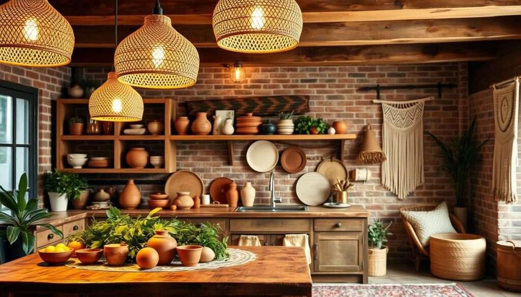 A cozy bohemian kitchen, bathed in the warm glow of pendant lights fashioned from woven rattan shades. The lights cast a soft, ambient illumination, creating an inviting and relaxed atmosphere. In the foreground, a rustic wooden table is adorned with a patterned tablecloth, clay pottery, and lush greenery. The middle ground features open shelving displaying an eclectic mix of ceramic dishes, clay vases, and natural fiber baskets. The background showcases exposed brick walls, complemented by wooden beams and a mix of textures, such as macrame wall hangings and a vintage-inspired rug. The overall scene evokes a harmonious blend of rustic and bohemian elements, perfectly capturing the essence of "Boho Kitchen Lighting That Sets the Glow".
